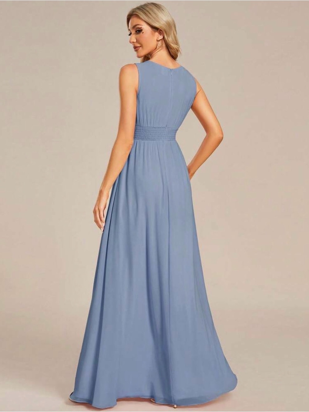 NWT Ever Pretty Elegant Dusty Blue Sleeveless Maxi Dress with Ruched Waist - Picture 3 of 3